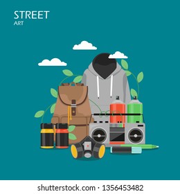 Street art vector flat style design illustration. Paint spray cans and jars, markers, hoodie, mask, backpack. Graffiti art tools and accessories for web banner, website page etc.