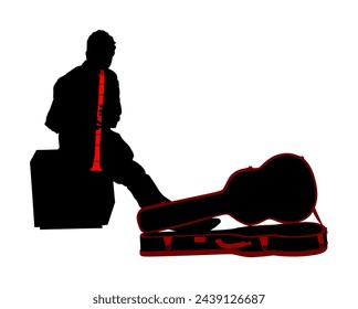 Street artist boy playing clarinet vector silhouette illustration isolated. Performer with flute clarinet. Shape shadow musician flutist man audio art. Male artist amusement and entertainment public.