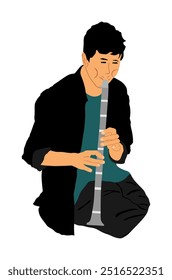 Street artist boy playing clarinet vector illustration isolated. Performer with flute clarinet. Musician flutist man audio art. Male artist amusement and entertainment public. Blowing instrument blow.