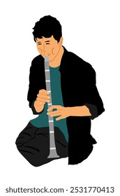 Street artist boy playing clarinet vector illustration isolated. Performer with flute clarinet. Musician flutist man audio art. Male artist amusement and entertainment public. Blowing instrument blow.