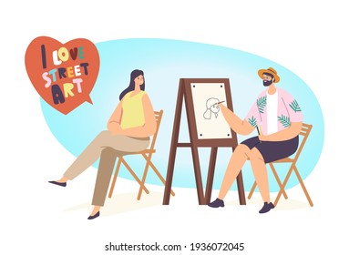 Street Artist Character Painting Portrait of Beautiful Girl Sitting in Front of Easel. Painter Holding Brush, Woman Posing, Outdoor Creative Hobby, Art, Profession. Cartoon People Vector Illustration