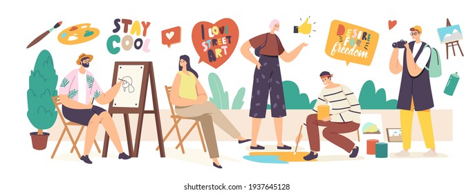 Street Artist Characters Work. Man Painting Portrait of Girl Sitting in Front of Easel. Painter Holding Brush, Drawing on Asphalt. Outdoor Creative Hobby, Art. Cartoon People Vector Illustration