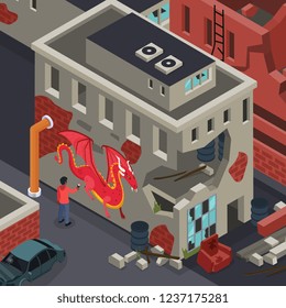 Street artist during making of dragon graffiti on wall of destroyed urban building isometric composition vector illustration