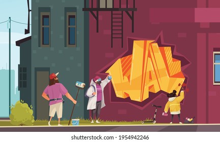 Street Artist Family Father Mother Kid Graffiti Painting Wall With Spray Paint Rollers Stencils Cartoon Vector Illustration