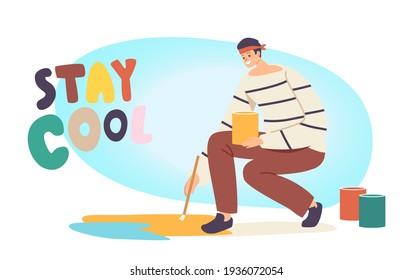 Street Artist Male Character Painting on Asphalt. Painter Holding Brush and Bucket with Paint Create Artwork, Outdoor Creative Hobby, Art, Professional Occupation. Cartoon People Vector Illustration