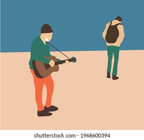 Street artist musician playing guitar wearing mask to prevent virus Covid-19. Tourist spots in the covid aera