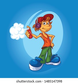 Street artist on the walls of a spray can of paint colorful illustration. Kid boy funny smile character cartoon art