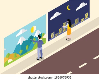 Street artist painting on the street wall. Isometric vector concept