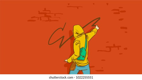 Street Artist. Person In Hoodie Painting On A Brick Wall. Cartoon Colorful Vector Sketch.