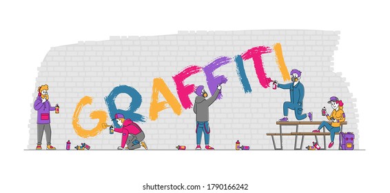 Street Artist Teenager Characters Painting Graffiti on Brick Wall. Urban Teen Lifestyle, Young People Creative Hobby Activity, Men and Women Drawing with Paint Cylinder. Linear Vector Illustration