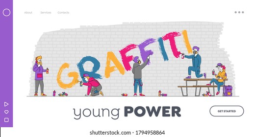 Street Artist Teenager Characters Painting Graffiti on Brick Wall Landing Page Template. Young People Creative Hobby Activity, Men and Women Drawing with Paint Cylinder. Linear Vector Illustration