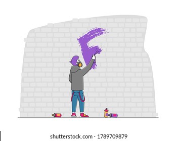 Street Artist Teenager In Respirator Painting Graffiti On Wall. Urban Art, Teen Lifestyle. Young Man Creative Hobby Activity, Male Character Drawing With Paint Cylinder. Linear Vector Illustration