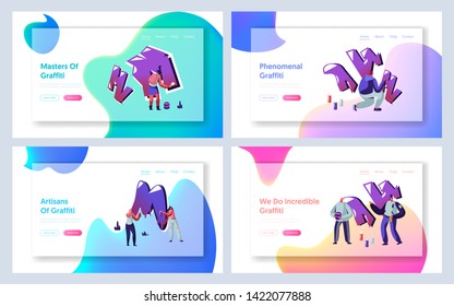 Street Artist Teenagers Painting Graffiti on Brick Wall Website Landing Page Set. Urban Fashion, Teen Lifestyle, Young People Drawing with Aerosol Web Page. Cartoon Flat Vector Illustration, Banner