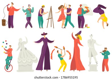 Street artist vector illustration set. Cartoon flat active artist characters performing show, acrobat juggling balls, musician playing music and singing. Artistic street performance isolated on white