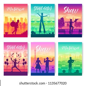 Street artists around the world brochure cards set. Speech on the alleys of the city template of flyear, magazines, poster, books, invitation banners. Entertainment show layout modern 