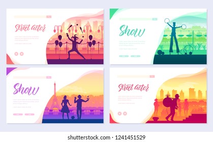 Street artists around the world brochure cards set. Speech on the alleys of the city template of flyear, web banner, ui header, enter site. Invitation concept background. Layout modern slider