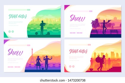 Street artists around the world brochure cards set. Speech on the alleys of the city template of flyer, web banner, ui header, enter site. Invitation concept background. Layout modern slider