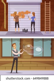 Street artists cartoon horizontal banners with girls spraying paint on blinds and young man blowing bubbles flat vector illustration  