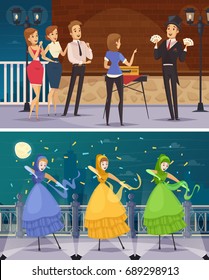 Street artists flat cartoon compositions with illusionist show and girls in fairy costume dancing on stilts vector illustration  