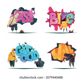 Street artists graffiti painting white walls using spray stencils charcoal 4 bright cartoon compositions set vector illustration