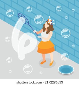 Street artists isometric background composition with outdoor view of female performer making soap bubbles with stick vector illustration