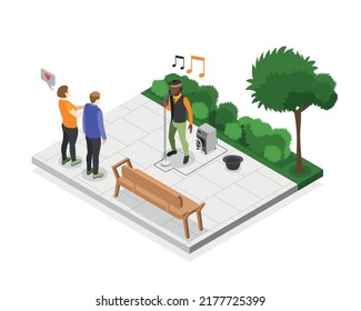 Street artists isometric composition with african american singer singing in city park with two people watching vector illustration