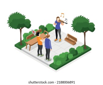 Street artists isometric composition with square piece of park landscape with female violin player and audience vector illustration