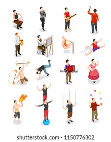 Street artists isometric people musicians and gymnasts painter dancer and masters of tricks isolated vector illustration