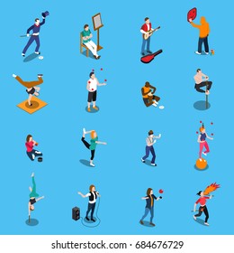 Street artists isometric set with musicians, painter, acrobats, graffiti, dancer, pantomime on blue background isolated vector illustration