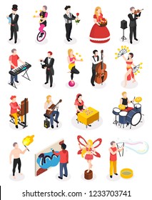 Street artists musicians master of fire show magicians living statues and florist isometric people isolated vector illustration