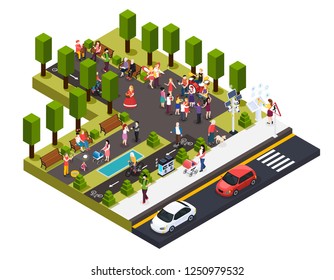 Street artists musicians master of pantomime painter florist and living statues in park isometric composition vector illustration