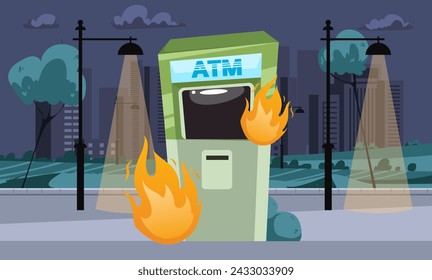 Street ATM burn finance crisis concept. Vector graphic design illustration