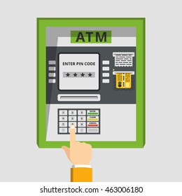 Street ATM machine with hand and credit card. Vector flat illustration.