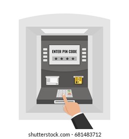 Street ATM machine with hand and credit card. Flat cartoon style. Vector illustration.