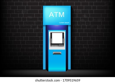 street ATM teller machine with black brick wall in the night. vector illustration.