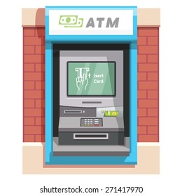 Street ATM teller machine with current operation icon on the screen. Hand inserting credit card pictogram. Flat style vector illustration.