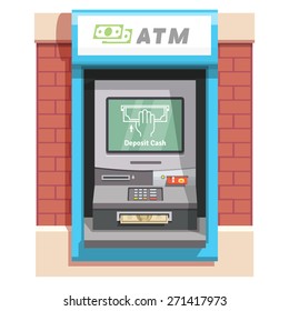 Street ATM teller machine with current operation icon on the screen and dollar banknotes inserted to a slot. Hand placing banknote pictogram. Flat style vector illustration.