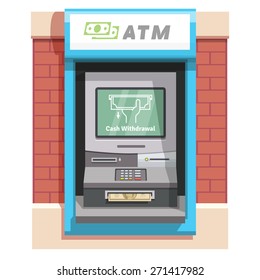 Street ATM teller machine with current operation icon on the screen and dollar banknotes sticking out of a slot. Hand taking banknote pictogram. Flat style vector illustration.