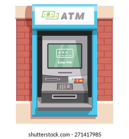 Street ATM teller machine with current operation icon on the screen. Enter PIN code pictogram. Flat style vector illustration.