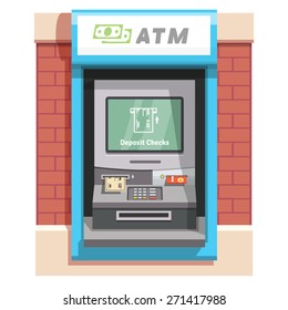 Street ATM teller machine with current operation icon on the screen. Bank check placed to a slot pictogram. Flat style vector illustration.