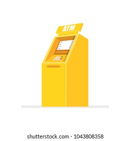 Street ATM teller machine with positive response on the screen and dollar banknotes sticking out of a slot. Vector illustration.