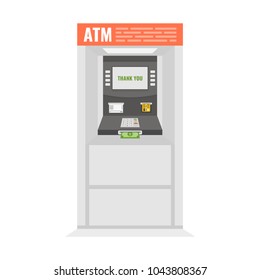 Street ATM teller machine with positive response on the screen and dollar banknotes sticking out of a slot. Vector illustration.
