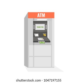 Street ATM teller machine with positive response on the screen and dollar banknotes sticking out of a slot. Vector illustration.