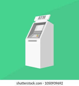Street ATM teller machine with positive response on the screen and dollar banknotes sticking out of a slot. Vector illustration.