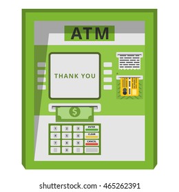 Street ATM teller machine with positive response on the screen and dollar banknotes sticking out of a slot. Vector flat illustration.