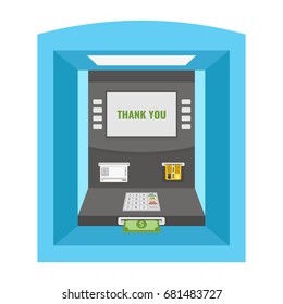 Street ATM teller machine with positive response on the screen and dollar banknotes sticking out of a slot. Flat cartoon style. Vector illustration.