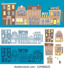 Street background in 3 color versions. You can also use each building separately.