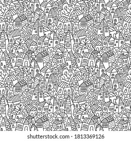 Street background. Coloring book. Hand drawn Seamless pattern with Doodle houses. Black and white vector illustration