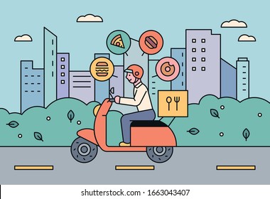 Street background with deliveryman delivering food by bike. flat design style minimal vector illustration.