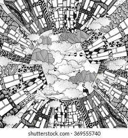 Street background. Paper airplanes flying in the sky. Vector sketches of artistically houses. Spring, black cat. Pattern for coloring book. Made by trace from sketch. Zentangle. Black and white.